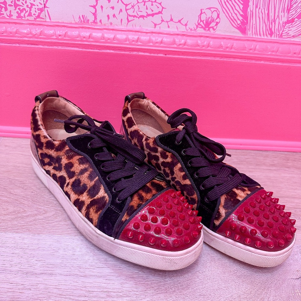 Christian Louboutin Leopard Print Studded Spiked Red Black Women's Sneakers UK39